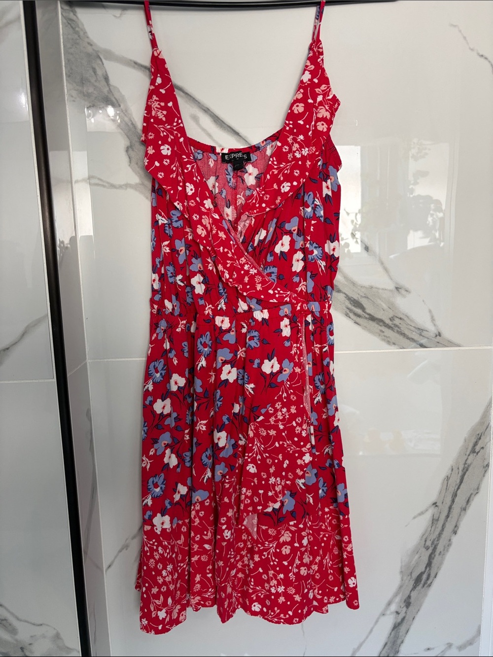 Express Red Floral Fake Wrap Dress with Blue and White Accents